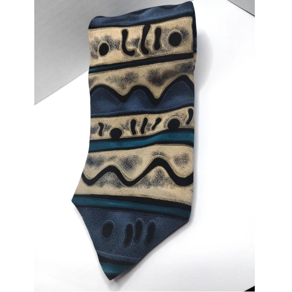 Oscar de la Renta Couture Collection Silk Tie Blue Tan Abstract Geometric 90s‎